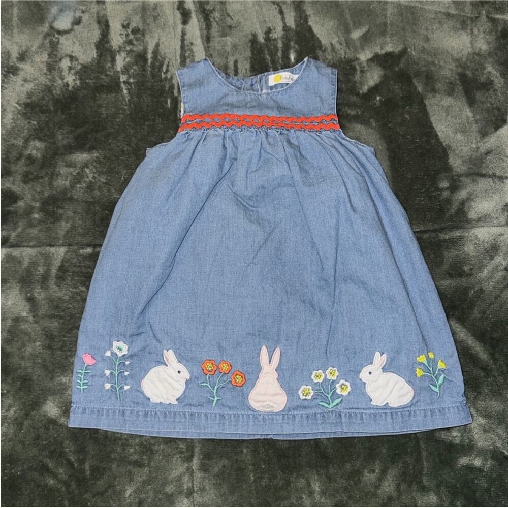 Baby Boden Dress Girls 6-12 Month Blue Bunny Rabbit 100% Cotton Sleeveless
